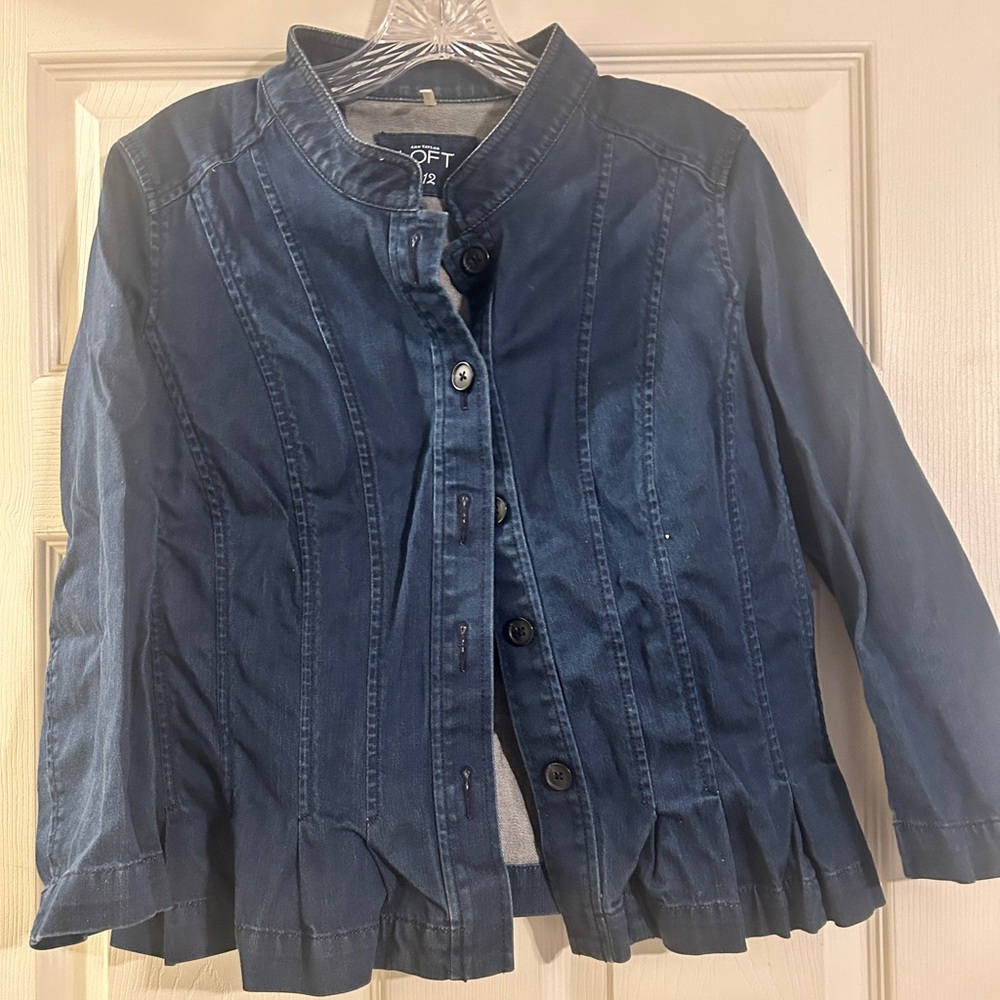LOFT Blue Jean Jacket with Ruffled Hem